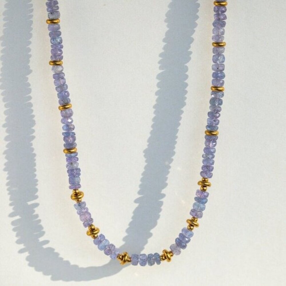 Tanzanite Beaded Necklace Purple Blue Gemstone Gold Waterproof Necklace - Picture 4 of 12
